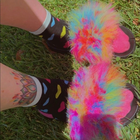 Rainbow Fur Slippers / Fuzzy Slides (Black) - Picture 7 of 10